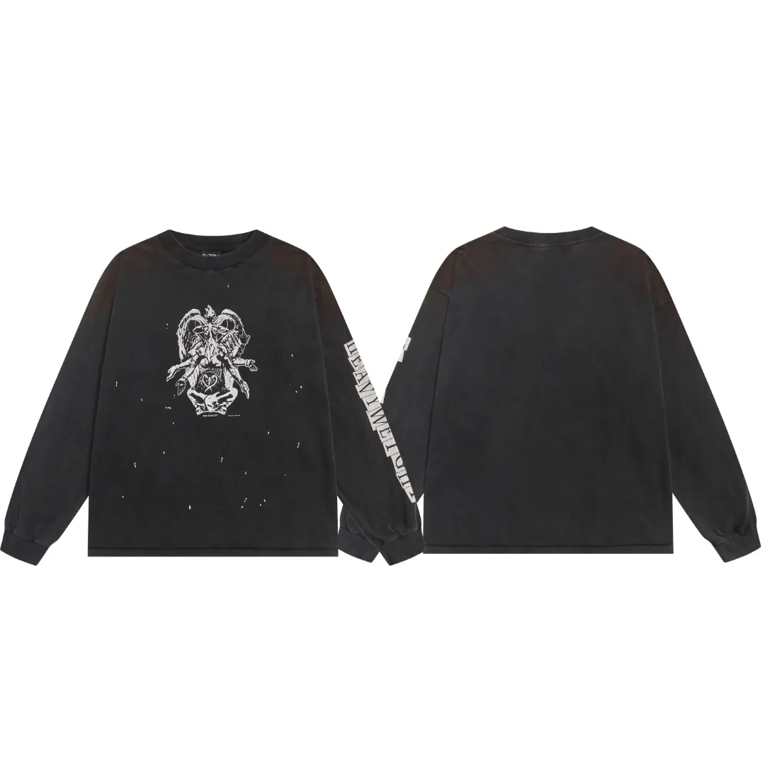 Saint Michael printed crack pattern on the chest, washed and distressed, heavy-duty high street loose casual long-sleeved T-shirt. Fabric: 260g. Style number: SM668. Size: S-M-L-XL. Color: washed black. Price: P156.